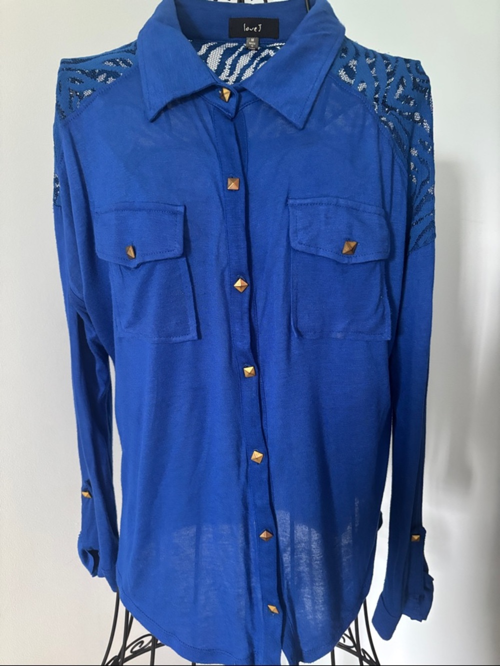 love J Cobalt Blue Studded Sheer Button-Up Shirt